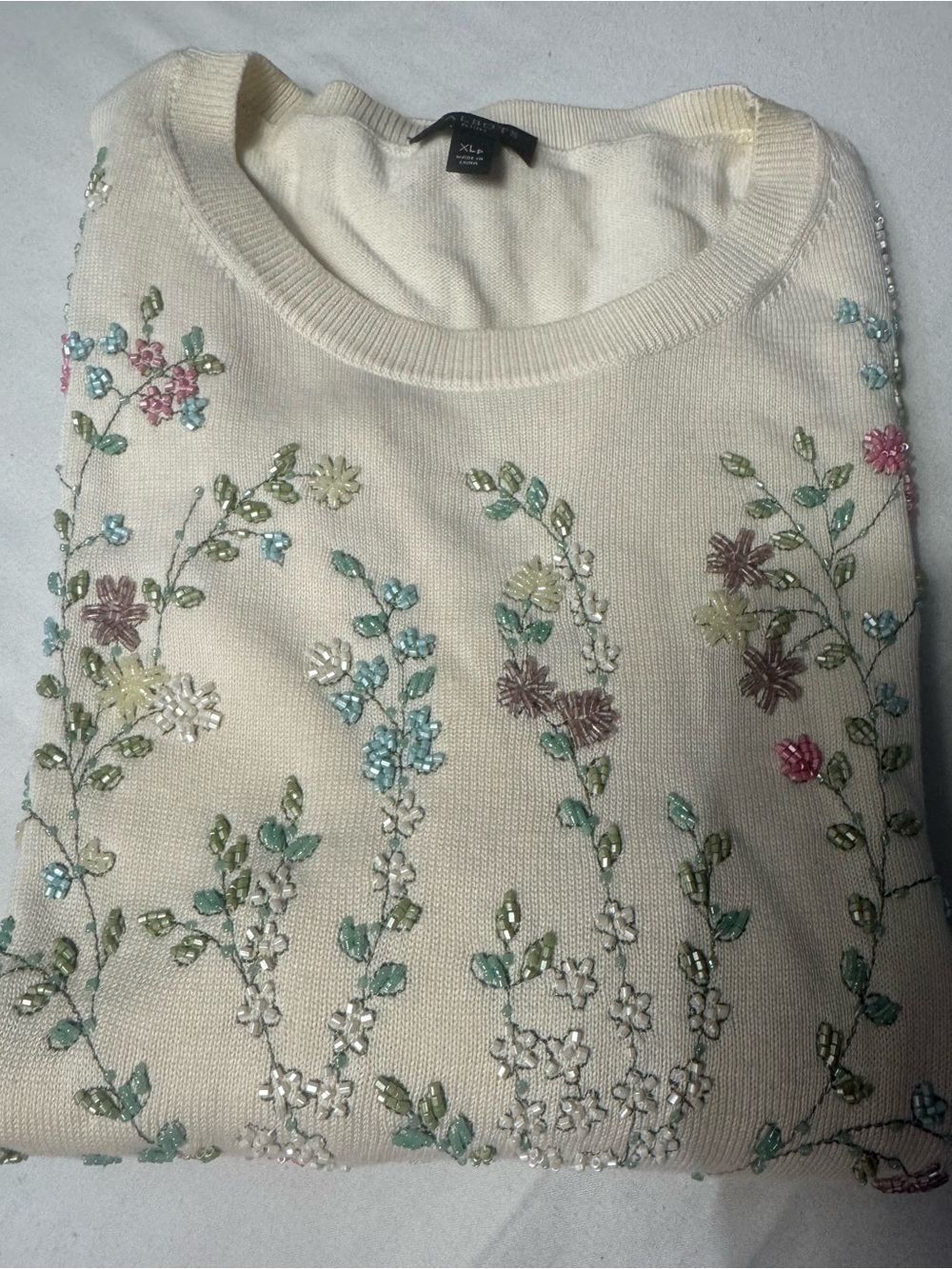 Talbots Cream Crewneck Sweater with Pastel Floral Embroidery